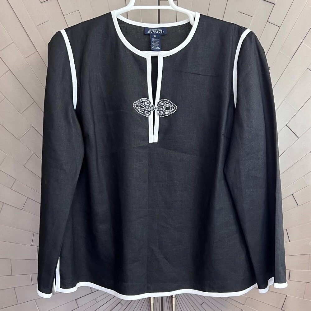 Jones New York Black White 100% Linen Top